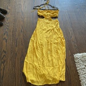 Strapless, side cut gold maxi dress